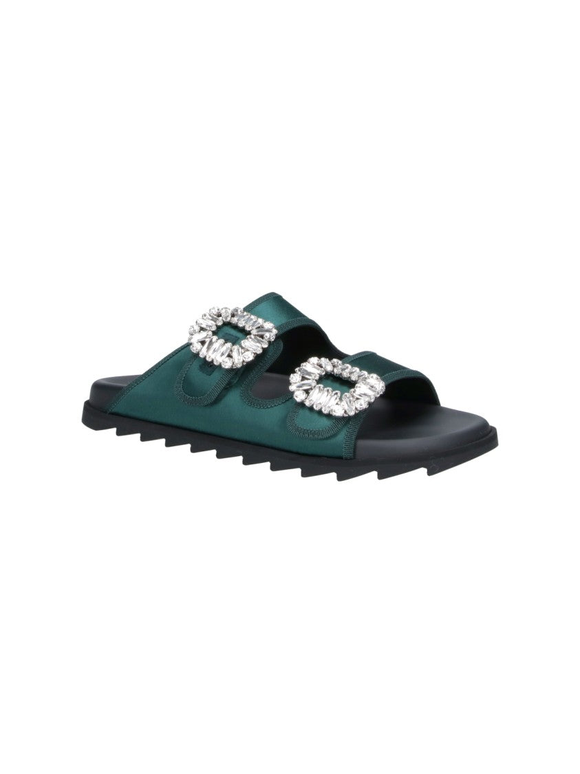 Roger Vivier Green Slidy Viv Satin Strap Mules
