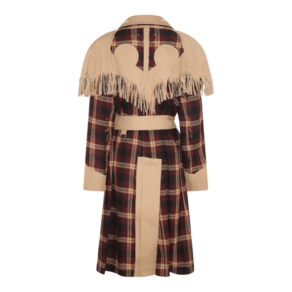 Maison Margiela Fringed Cape Overcoat With Check Pattern And Belted Waist