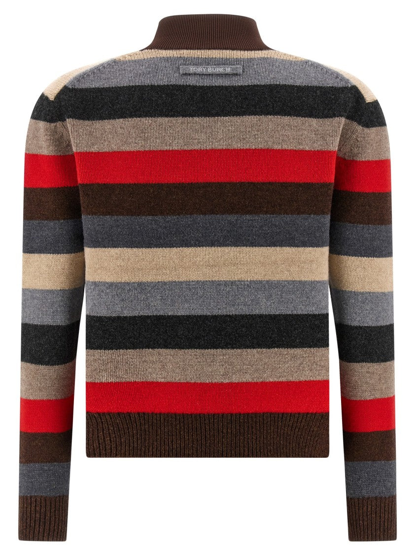 Tory Burch Horizontal Stripe Wool Sweater With High Neck