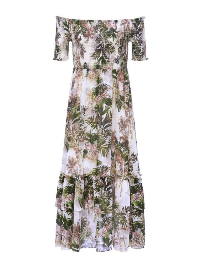 L'agence Off-Shoulder Midi Dress Tropical Leaf Ruffle