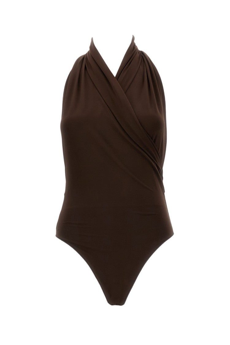 The Andamane Brown Vina Plunging Halter Neck Stretch Bodysuit