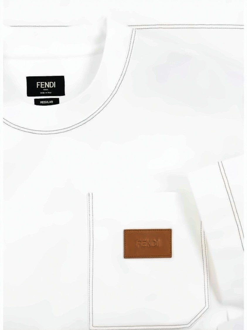 Fendi Minimalist White Cotton T-Shirt With Leather Logo Patch