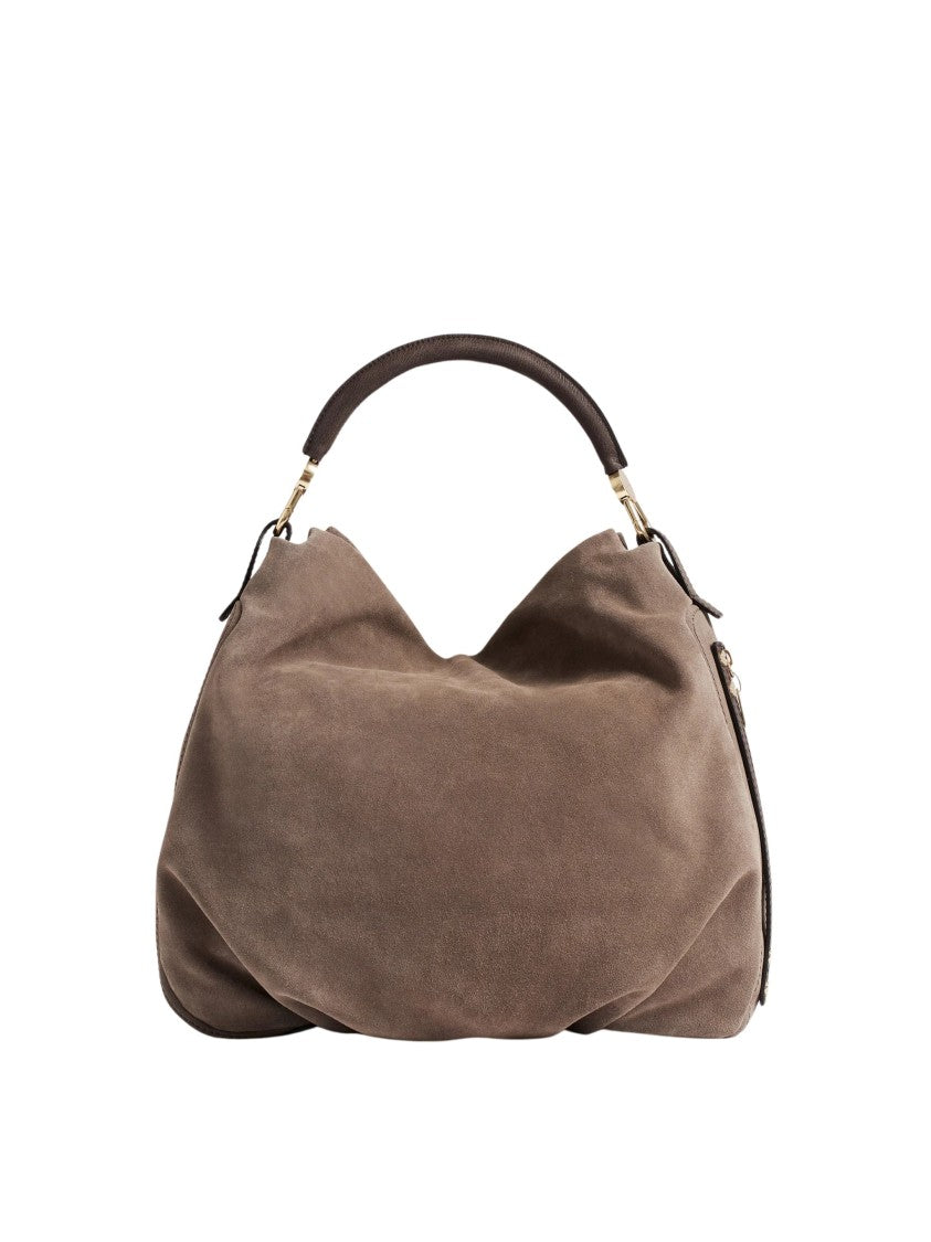 Borbonese Medium-Sized Hobo Bag In Split Suede With Calfskin Accents
