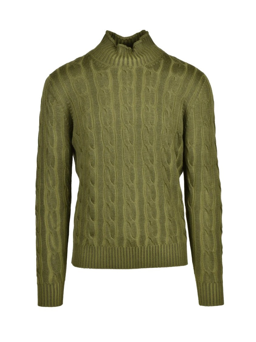 Kangra Cable Knit Sweater With Distinctive Volcano Collar In Green
