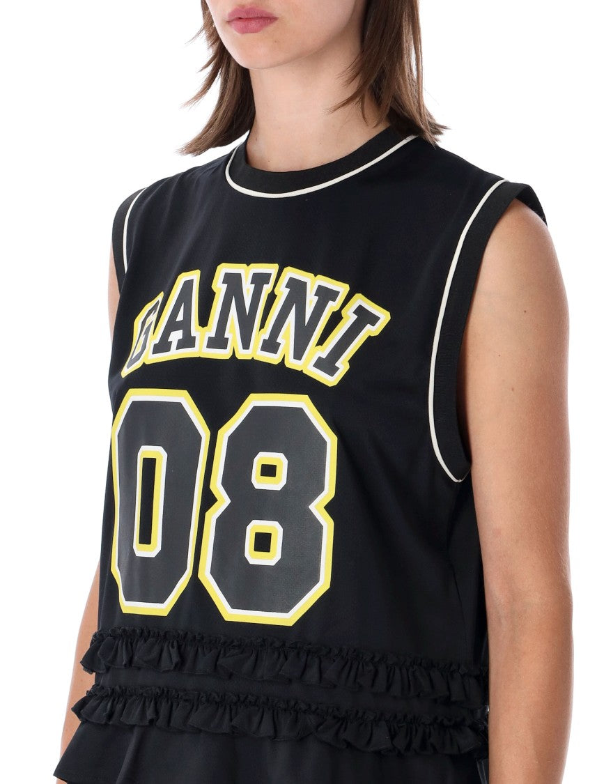 Ganni Layered Ruffle Tank Top With Bold Graphic Print