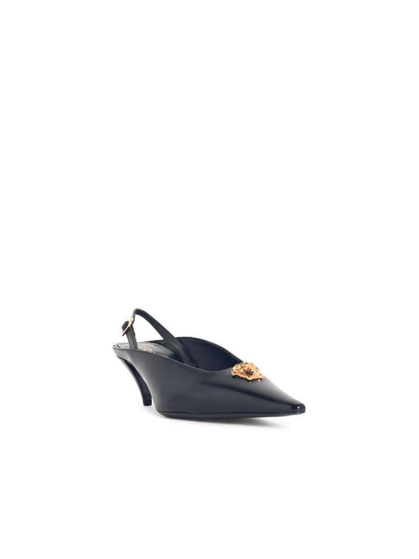 Versace 'La Medusa' Black Leather Slingbacks