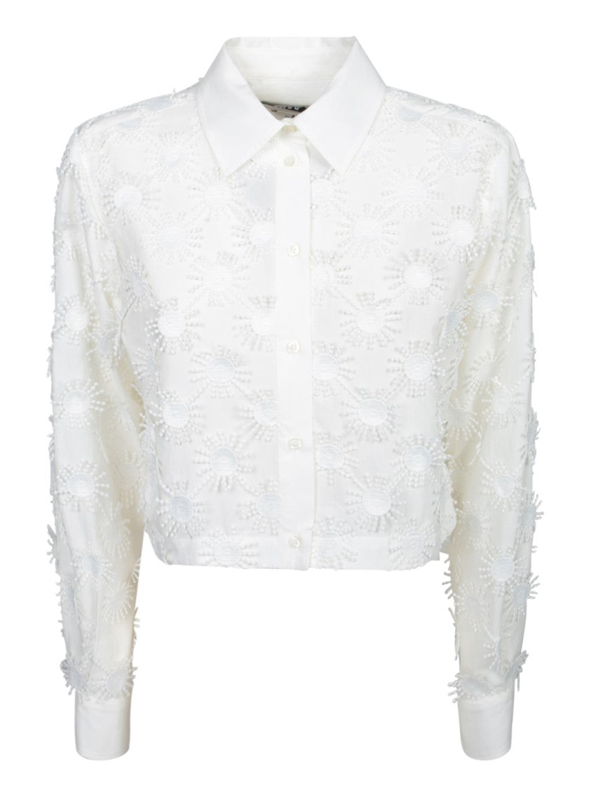 Msgm Cropped White Shirt With Floral Embroidery
