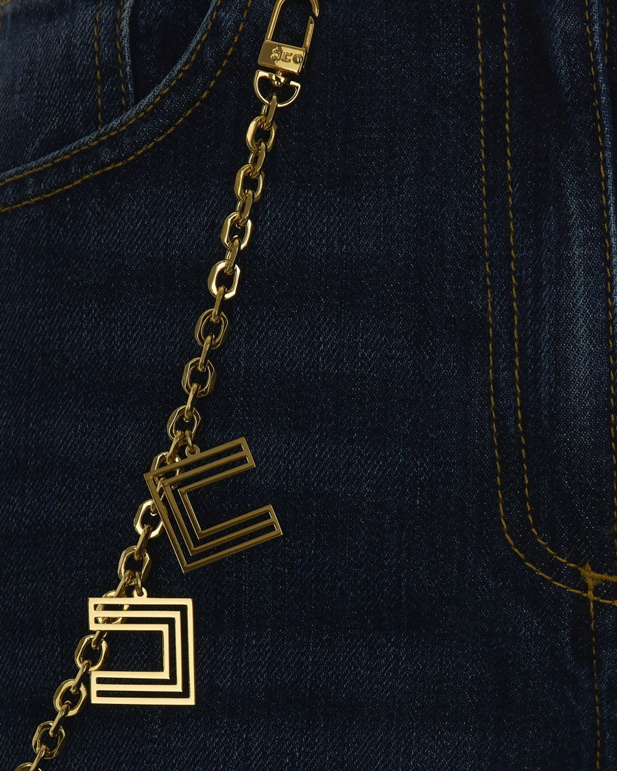 Elisabetta Franchi Blue Jeans With Jewel Chain Detail