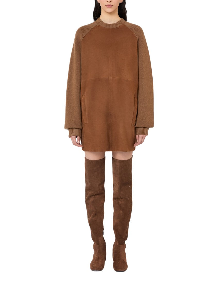 Max Mara Short Knit Dress With Suede Insert And Ribbed Collar