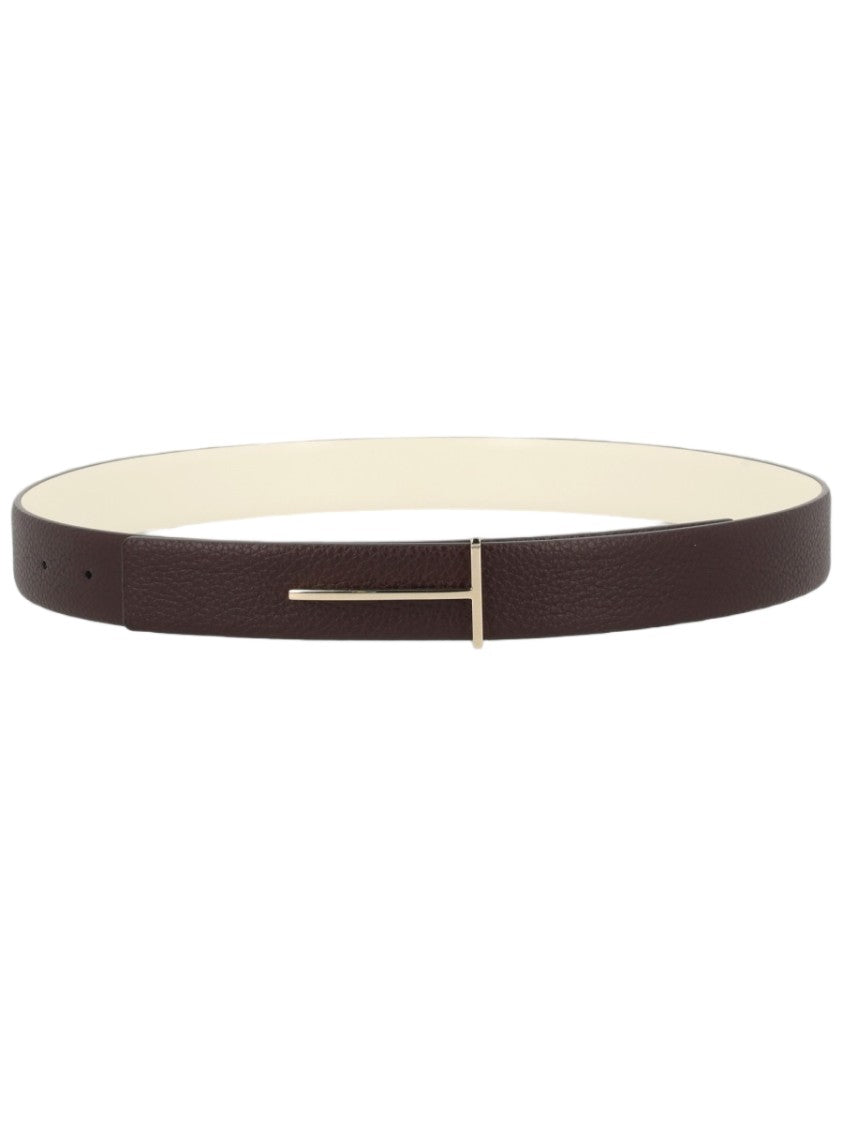 Tom Ford Leather Minimalist Metallic T Buckle Belt