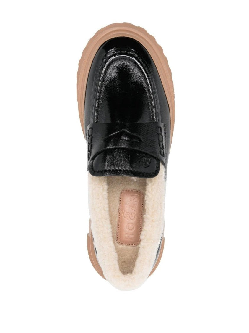 Hogan Classic Black Leather Loafers With Shearling Lining