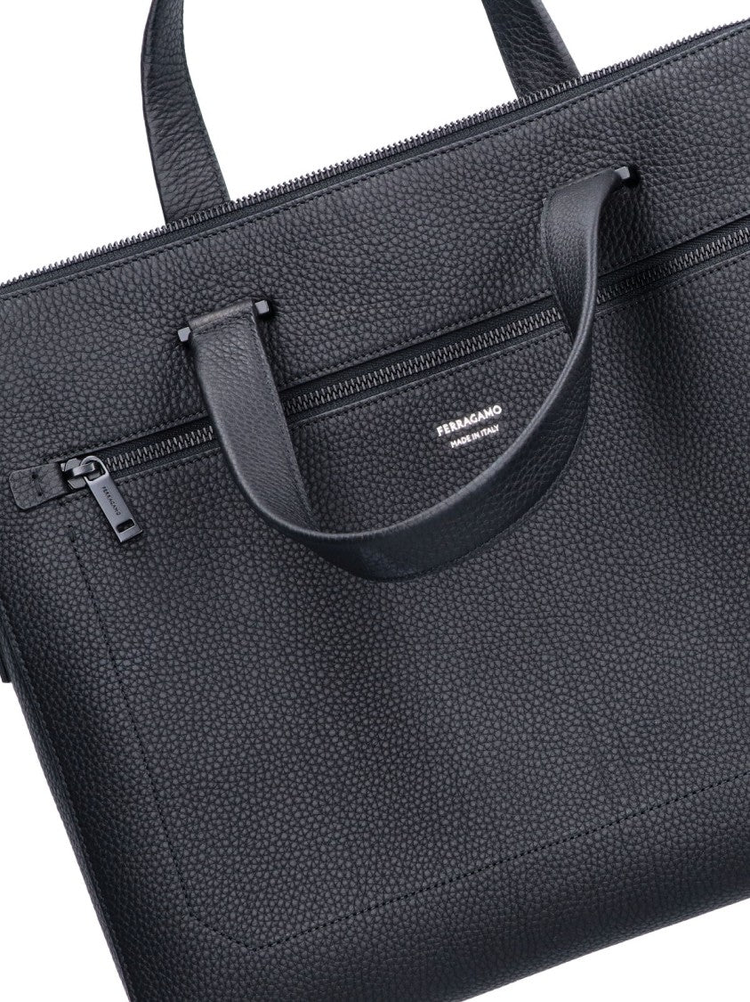 Ferragamo Black Textured Leather Triple Compartment Briefcase