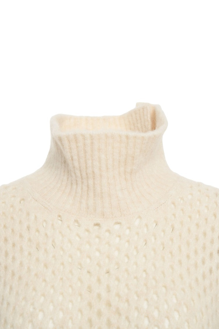 Jeio Beige Knit Gilet With High Ribbed Collar And Open-Knit Structure