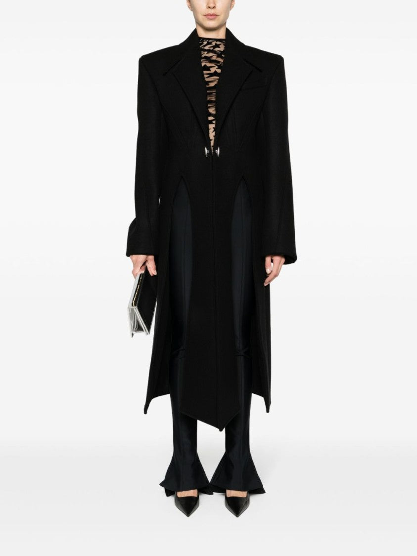 Mugler Asymmetric Hem Black Wool Blend Coat With Cut-Out Detailing