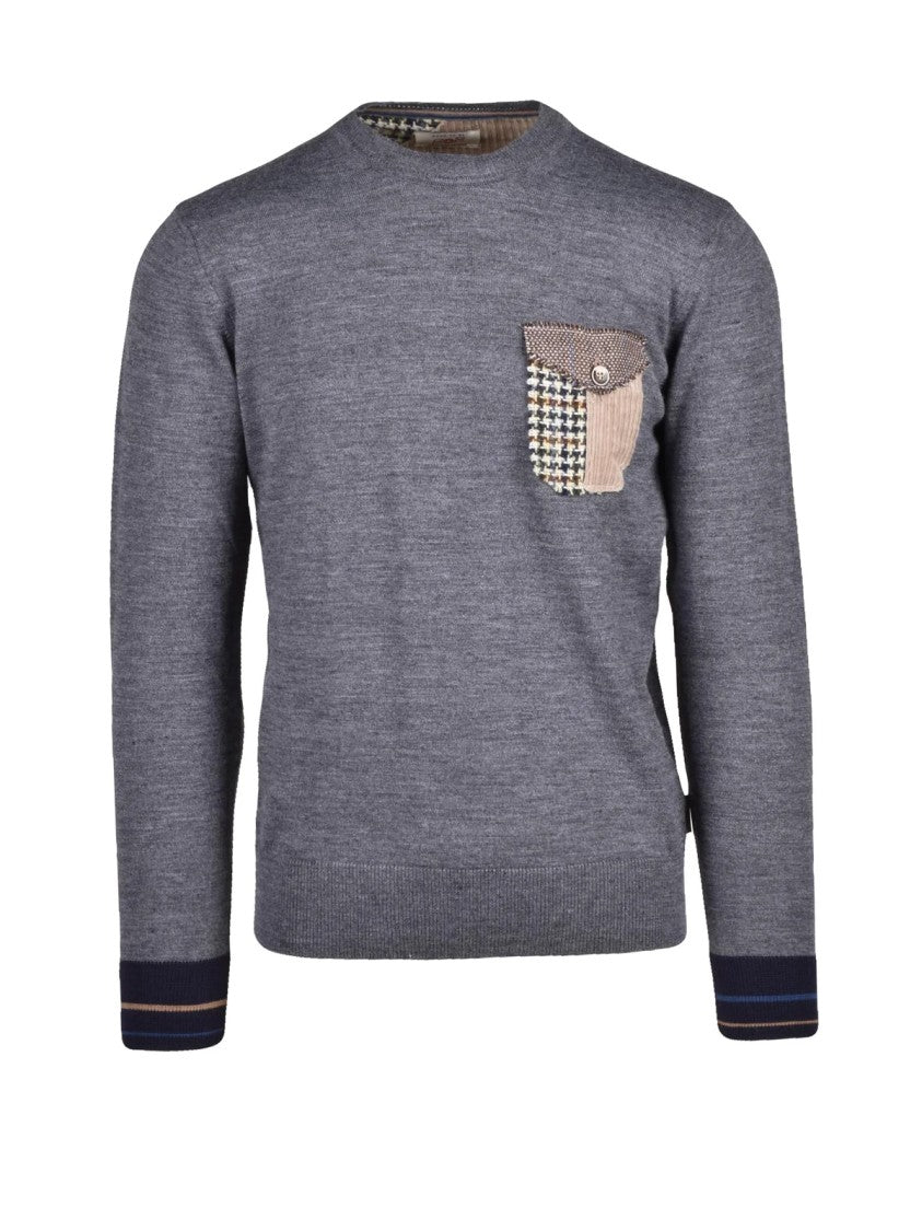 Bob Grey Houndstooth Pocket Wool-Blend Crewneck Sweater