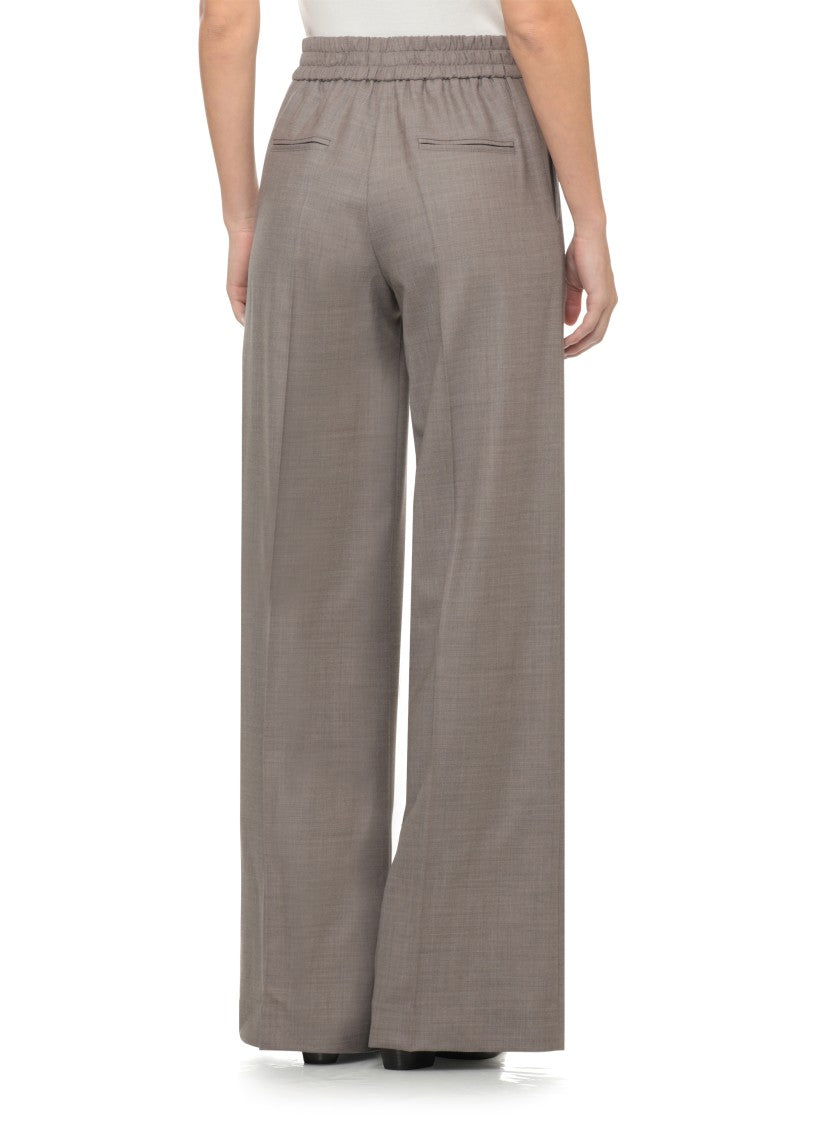 D. Exterior Beige Elastic Waist Tailored Wool Wide-Leg Pants