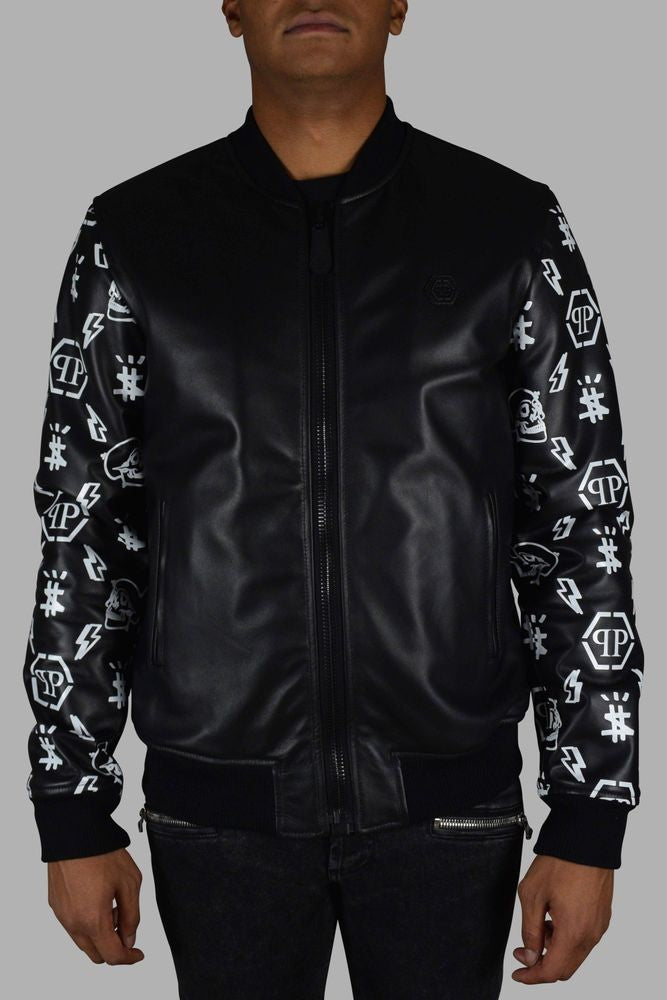 Philipp Plein Black Leather Bomber Jacket With Graphic Sleeves