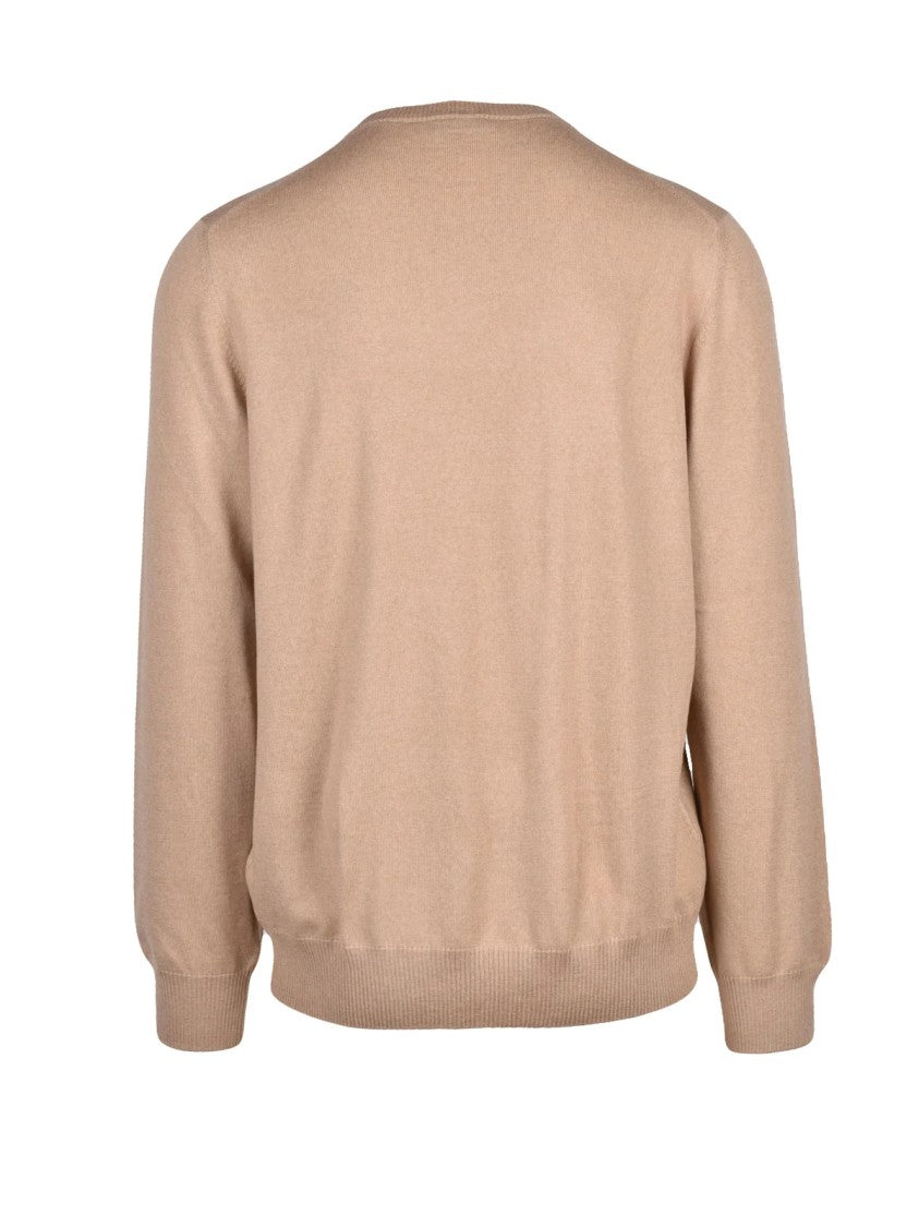 Fay Beige Ribbed Detail Virgin Wool Crewneck Sweater