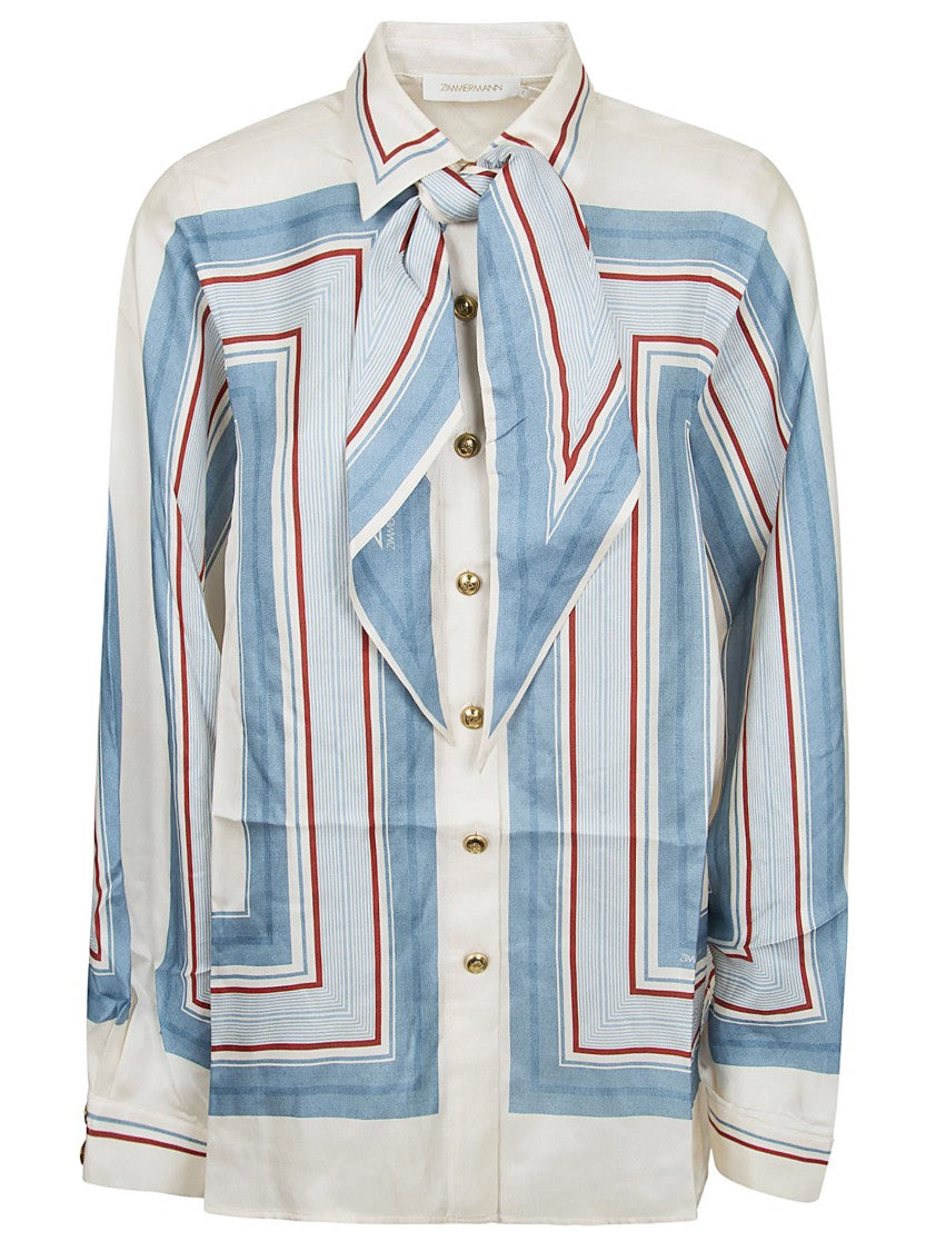 Zimmermann Twisted Romance Silk Shirt With Removable Bow And Geometric Pattern