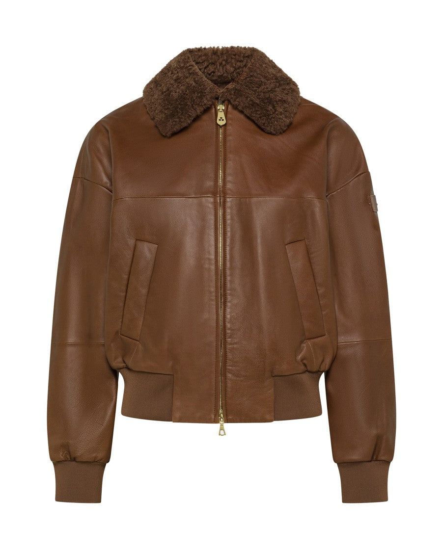 Peuterey Two-Tone Nappa Leather Shearling Collar Bomber Jacket