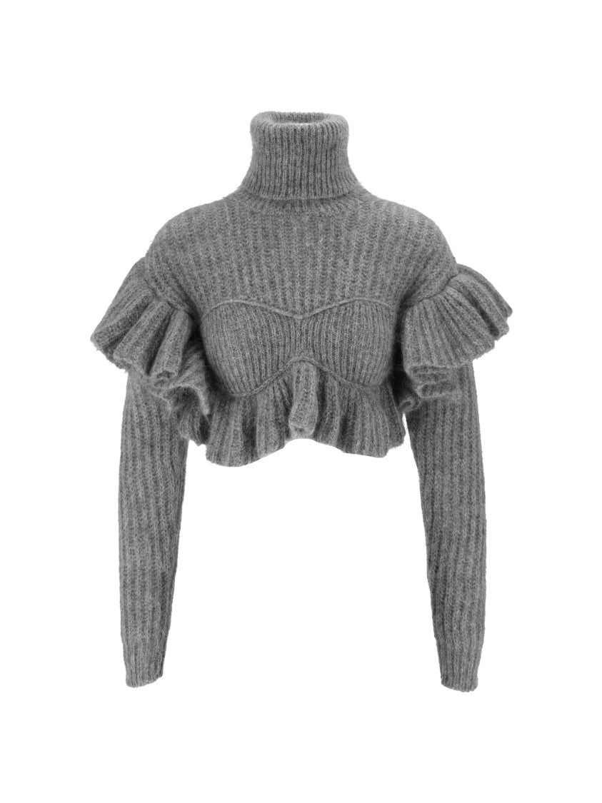 Elisabetta Franchi Cropped Ruffled High-Turtleneck Knit Sweater