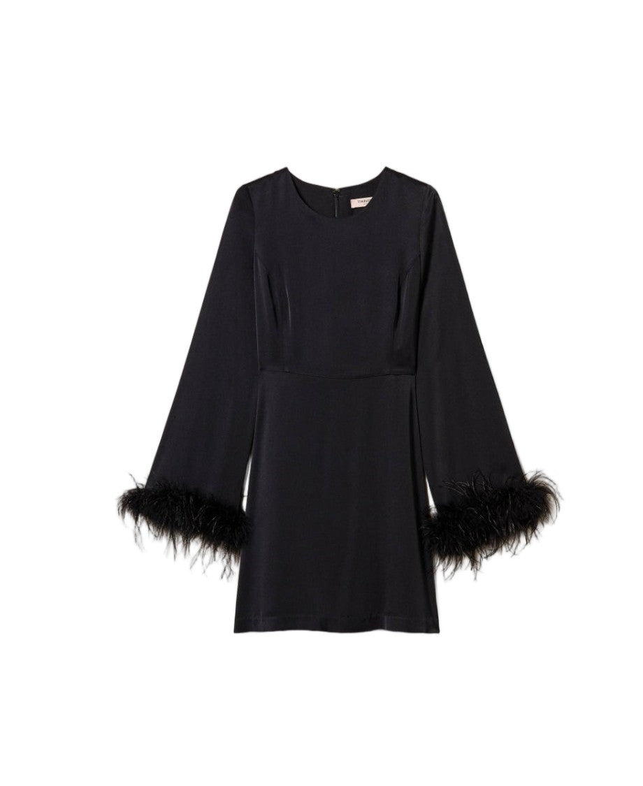 Twin-Set Black Viscose Satin Feather-Trimmed Cuffs Mini Dress