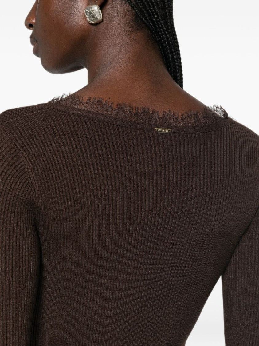 Twin-Set Fitted Lace Trim Ribbed Knit Midi Dress