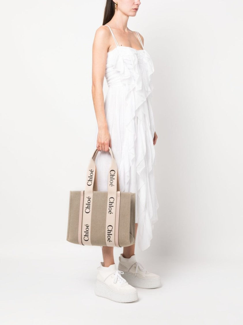 Chloé Beige Woody Medium Textured Linen Tote Bag