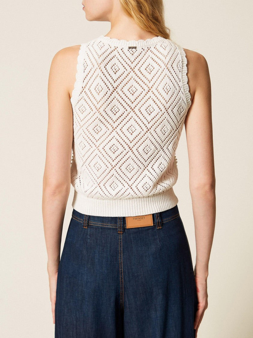 Twin-Set Openwork Knit Top With Pearl Embellishments