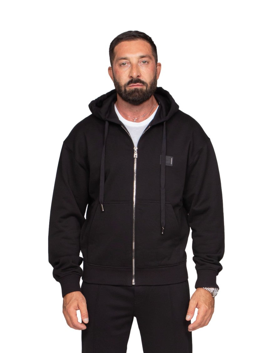 Dolce & Gabbana Black Zip-Up Hoodie With Drawstring Hood And Ribbed Details