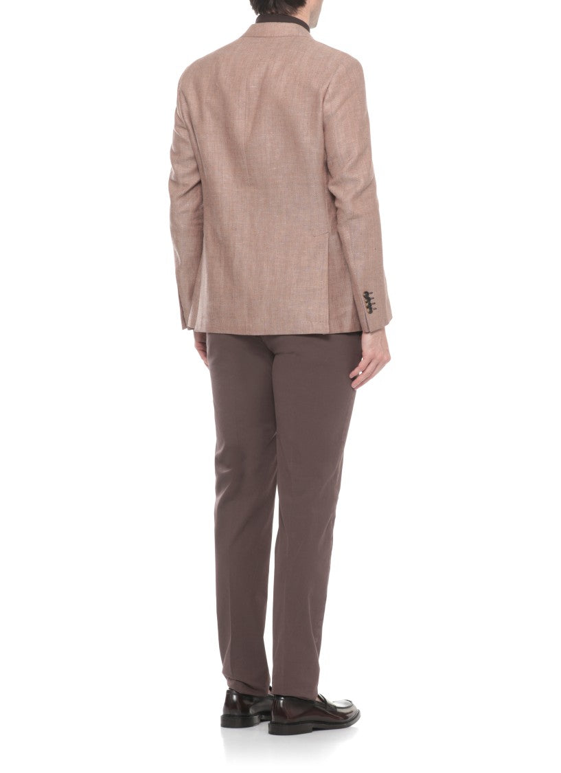 La Torre Red Light Brown Herringbone Linen-Wool Blazer