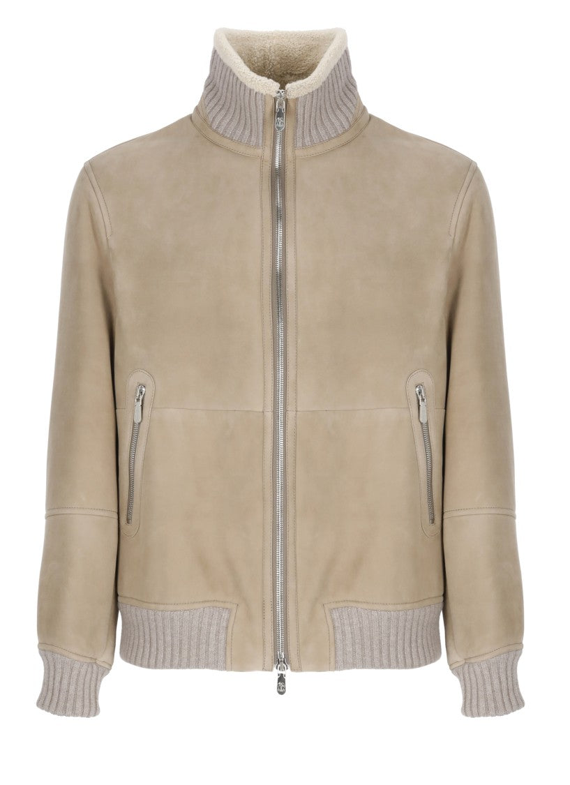 Brunello Cucinelli Beige Leather Bomber Jacket
