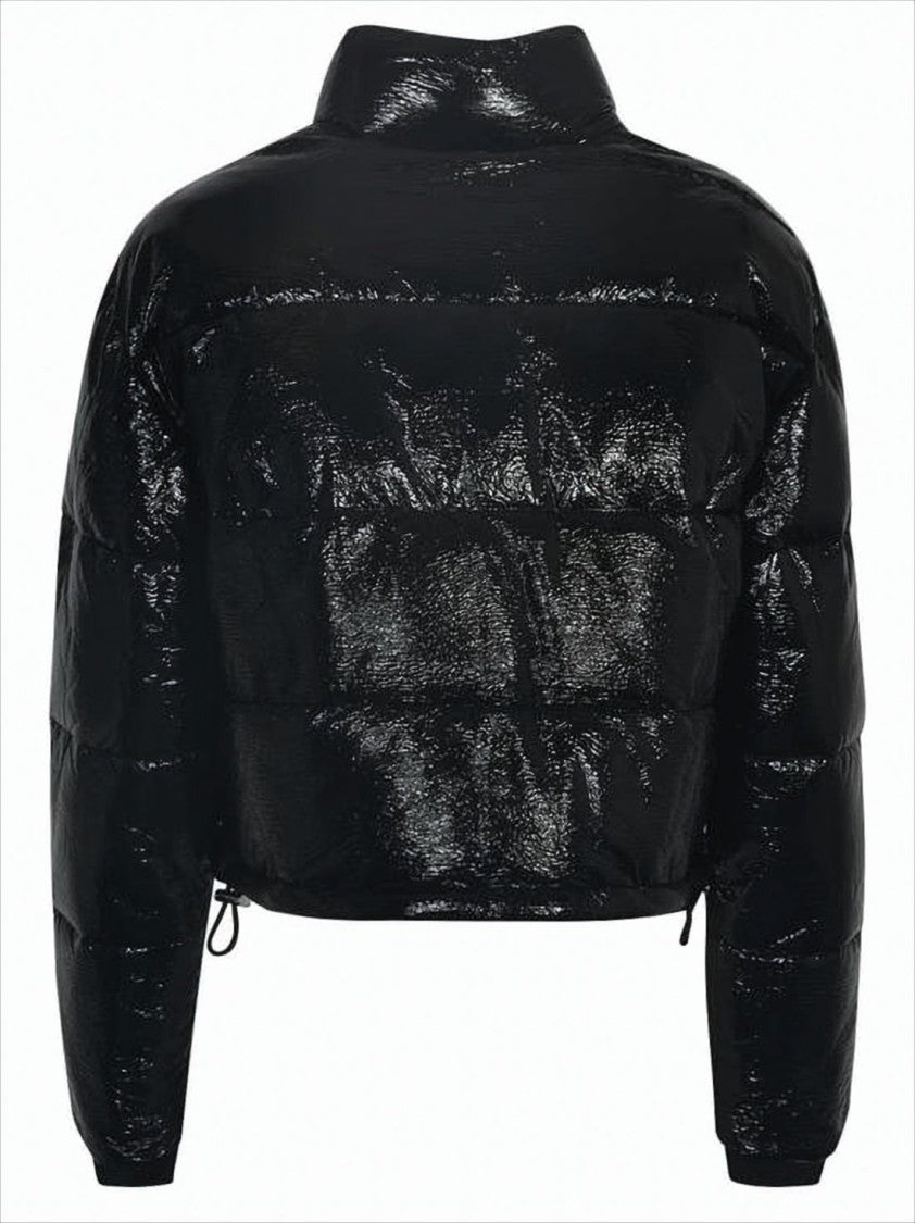 Courrèges Cropped Black Puffer Jacket With Glossy Finish And Adjustable Hem
