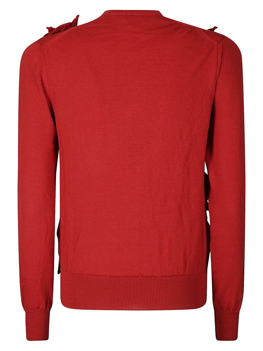 Comme Des Garçons Red Wool Sweater With Textured Floral Appliques