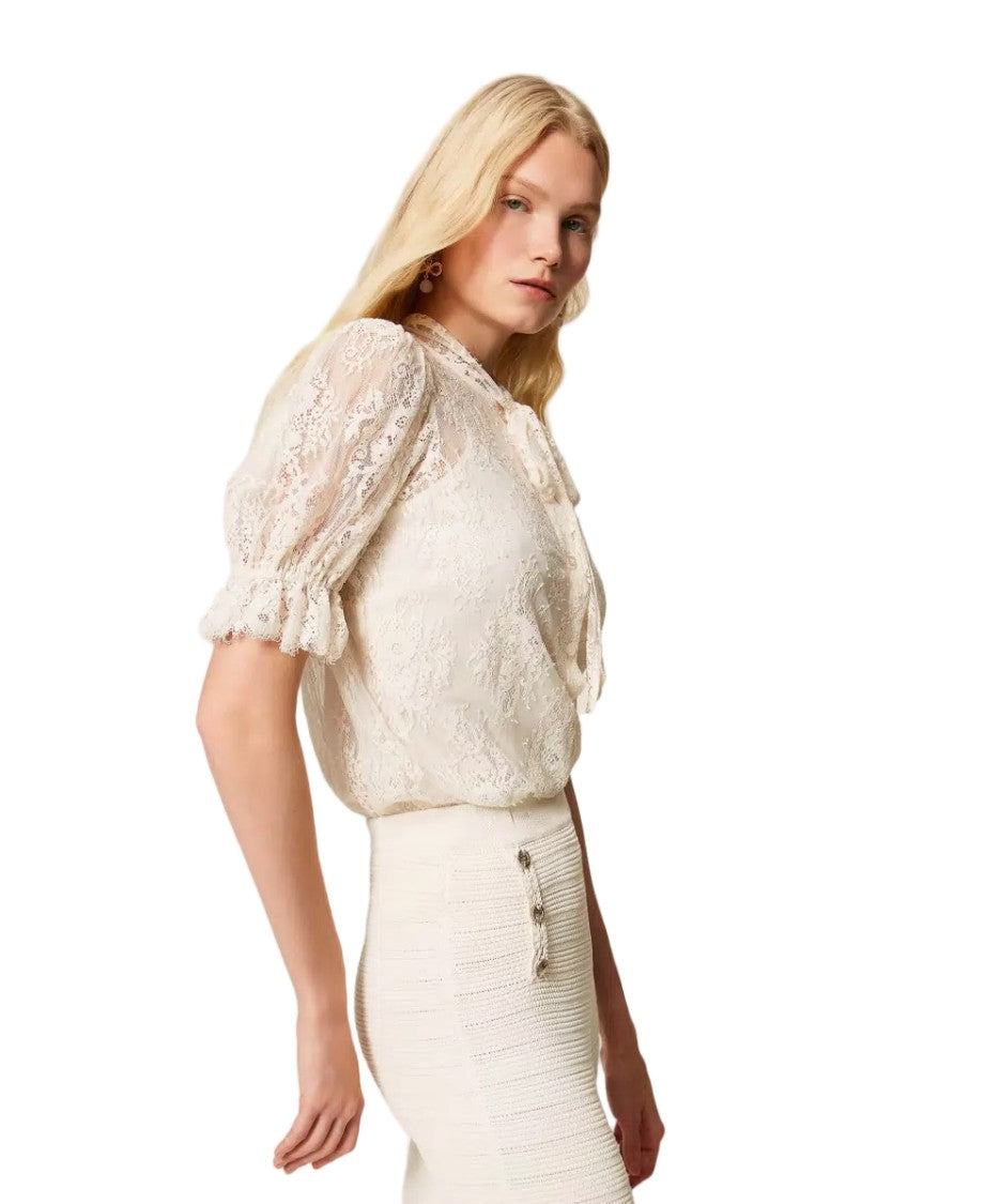 Twin-Set Lace Ribbon Bow Neck Tie Balloon Sleeves Blouse