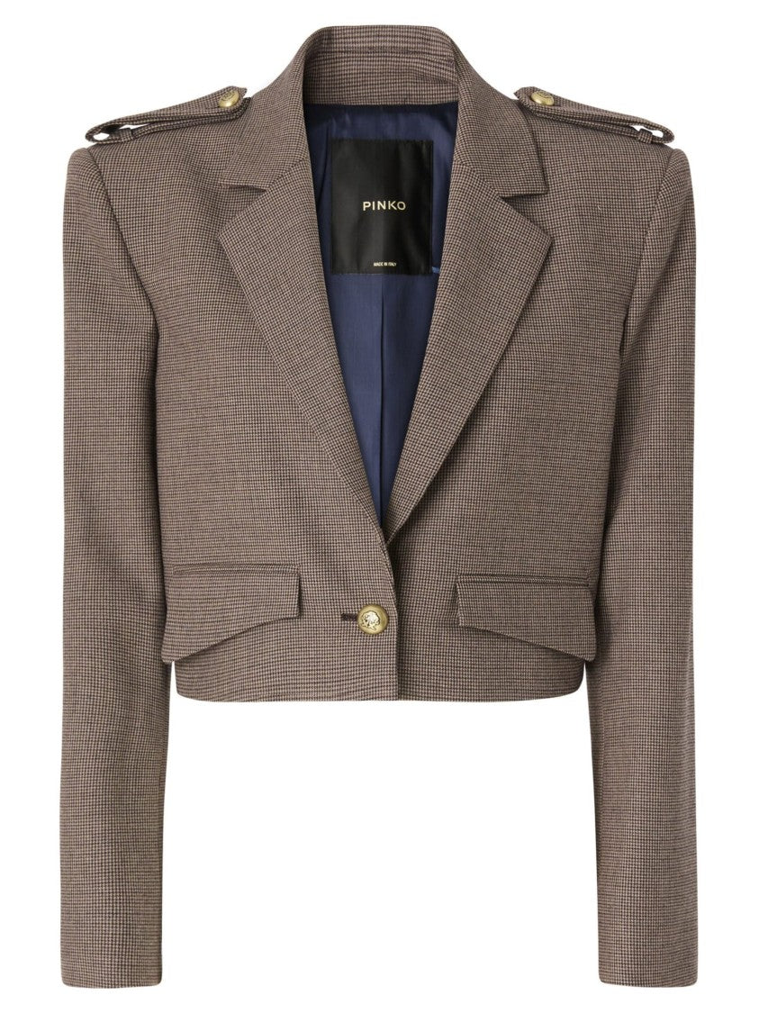 Pinko Cropped Brown Checkered Blazer With Structured Silhouette