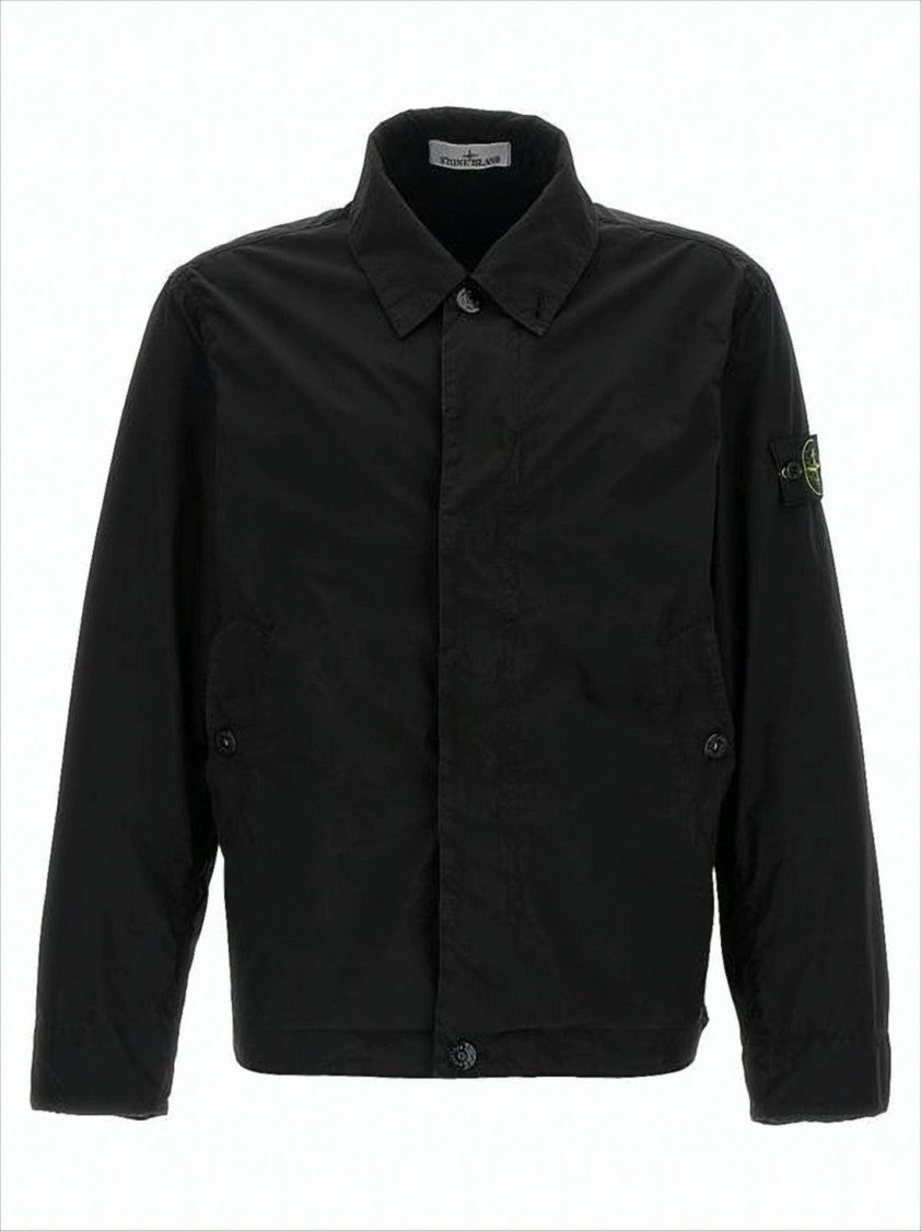 Stone Island Black Casual Jacket With Classic Collar And Distinctive Patch