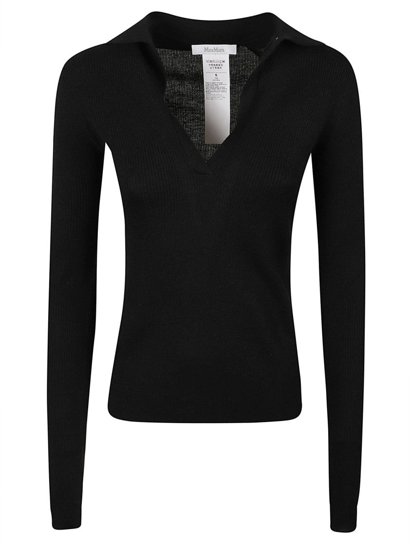 Max Mara Fitted Long-Sleeve Top With Deep V-Neckline And Ribbed Texture