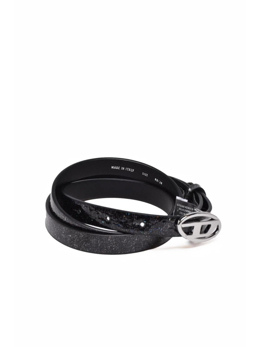 Diesel Black Leather Belt With Glitter Accents And Silver Buckle