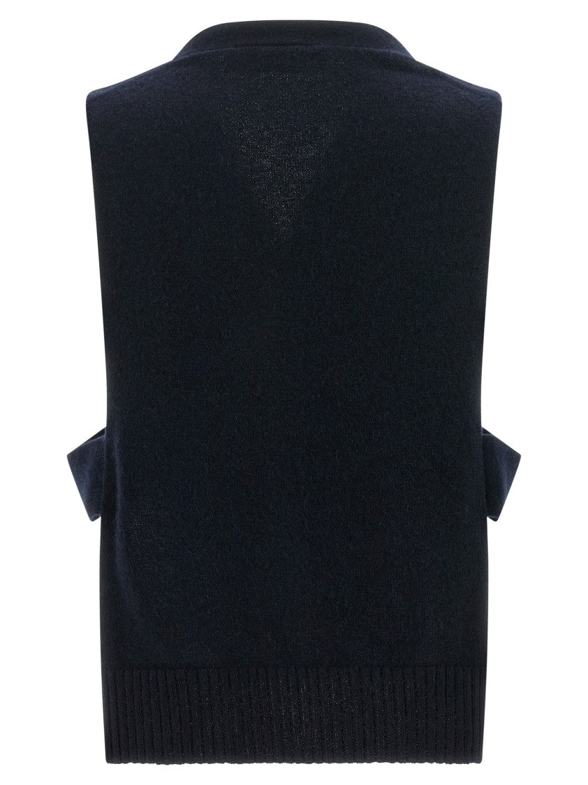 Miu Miu Shaved Cashmere Cardigan Vest With Asymmetrical Hem And Logo Intarsia