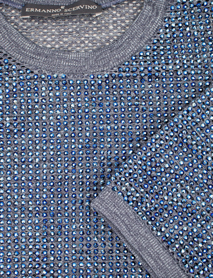 Ermanno Scervino Dark Denim Melange T-Shirt With Crystal Appliques