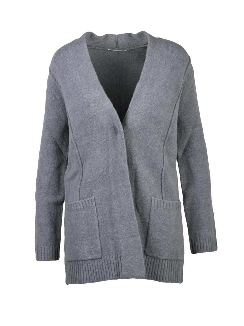 Kangra Long Grey Cardigan With Snap Button Closure And Textured Knit