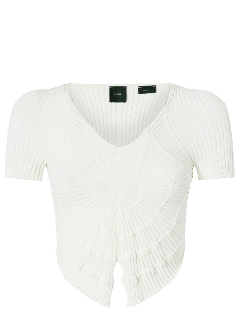 Pinko Cropped White Ribbed Viscose Blend T-Shirt