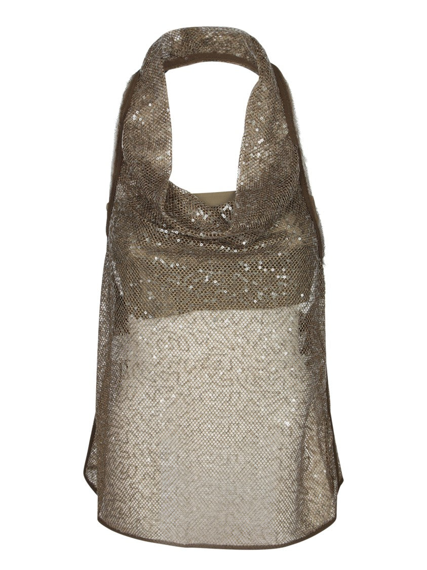 Pinko Draped Neckline Green Top With Sequined Overlay