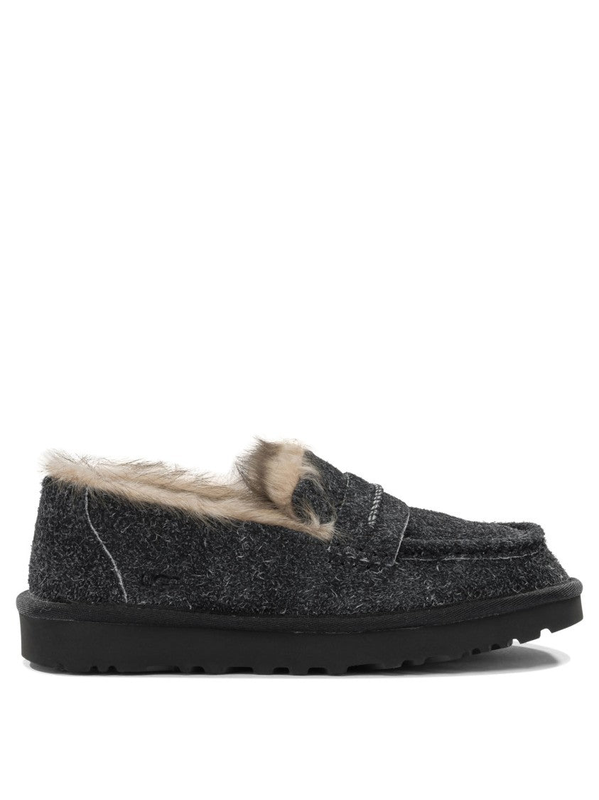 Ugg Textured Dark Grey Suede Loafers With Moccasin Silhouette