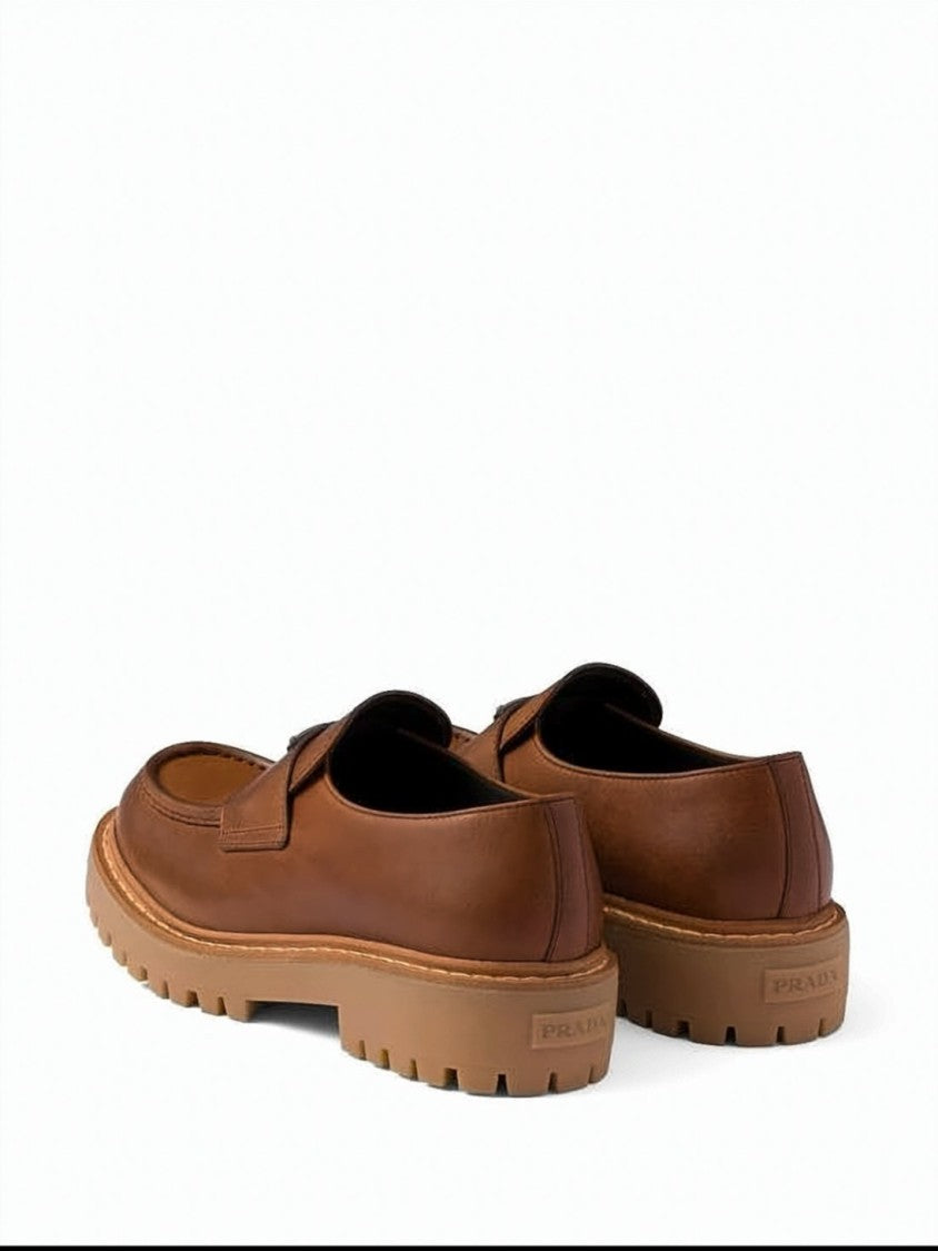Prada Brown Calf Leather Loafers With Triangular Logo Plaque