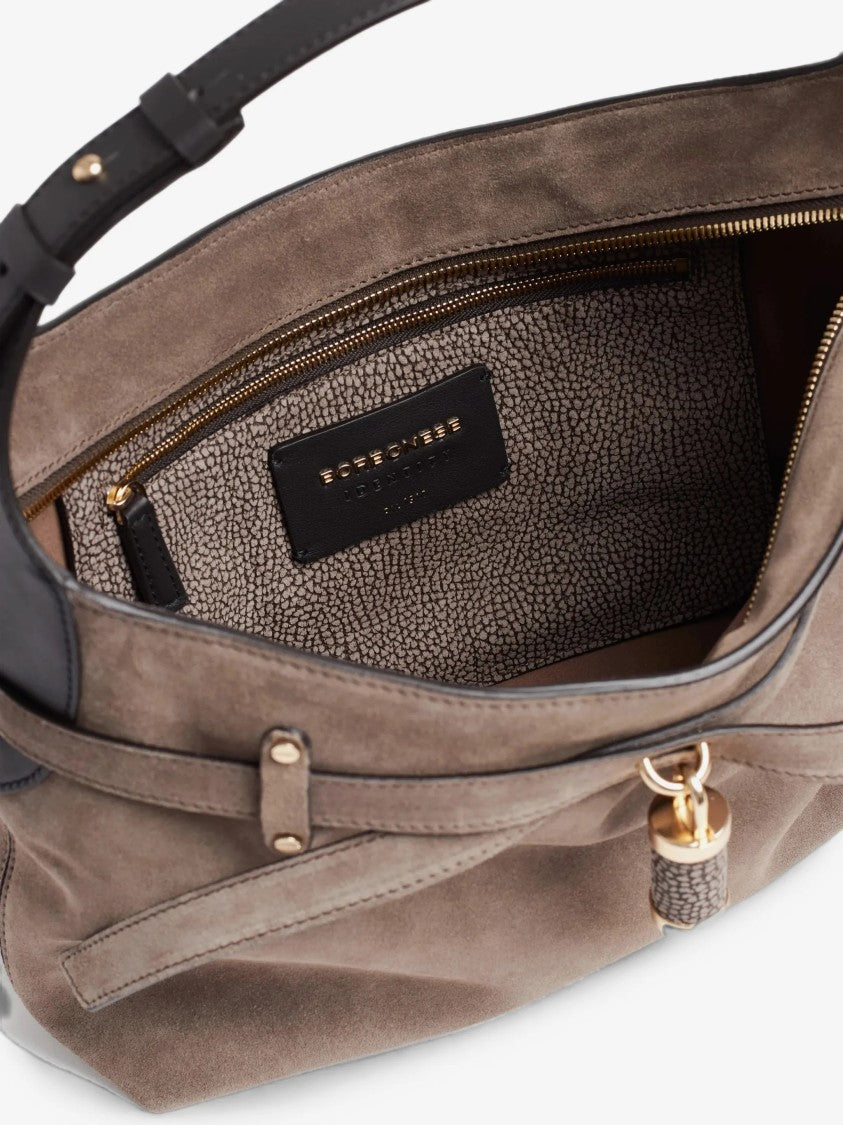 Borbonese Medium-Sized Suede Hobo Bag With Adjustable Strap And Decorative Detail