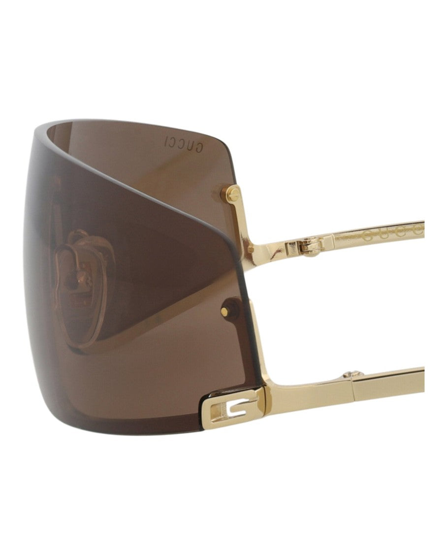 Gucci Shield-Frame Metal Sunglasses With Brown Lens And Velvet Case