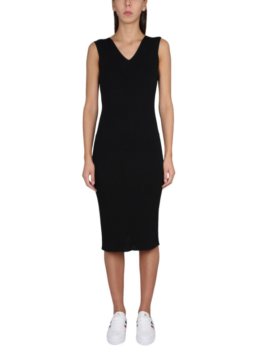 Moncler V-Neck Knit Dress With Moncler Logo Detail