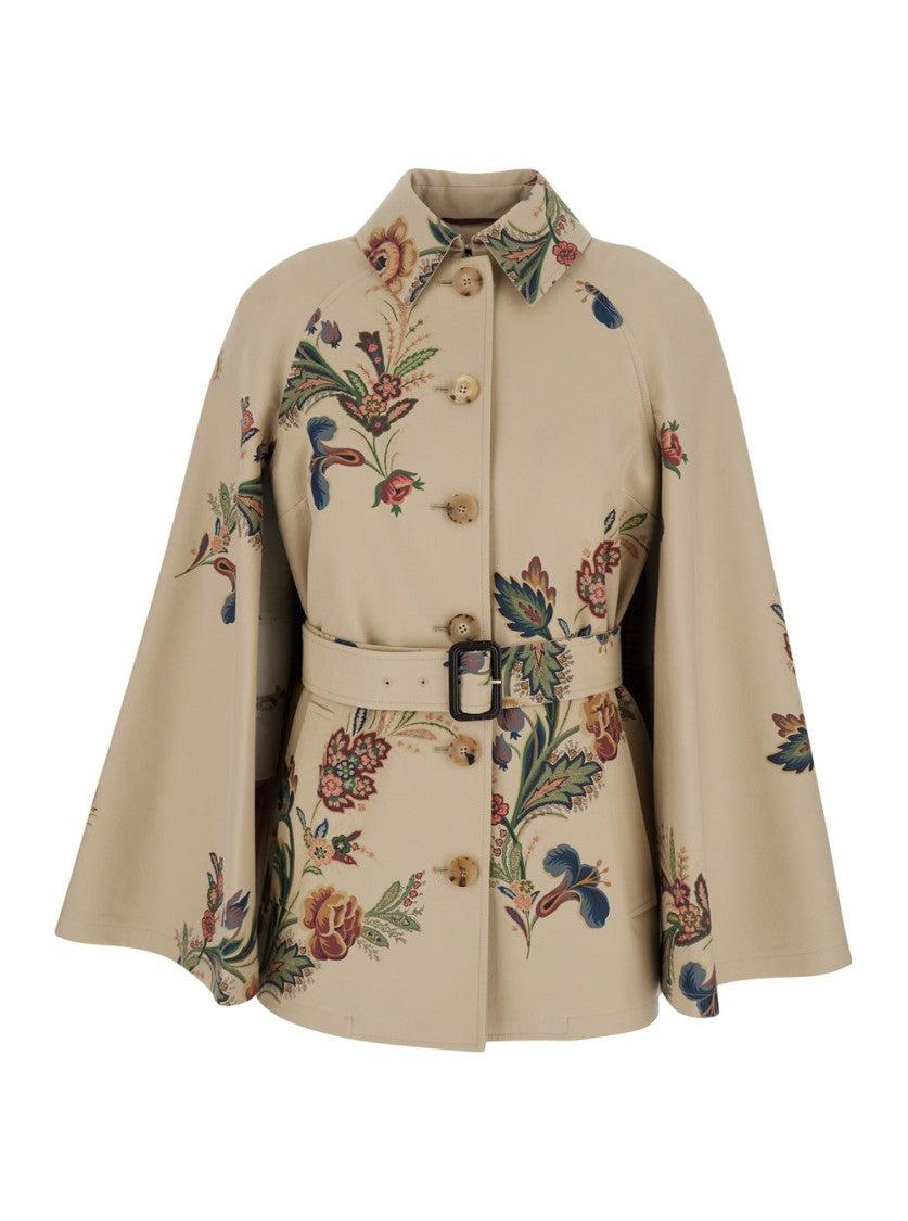 Etro Floral Pattern Cape With Classic Collar And Belted Waist